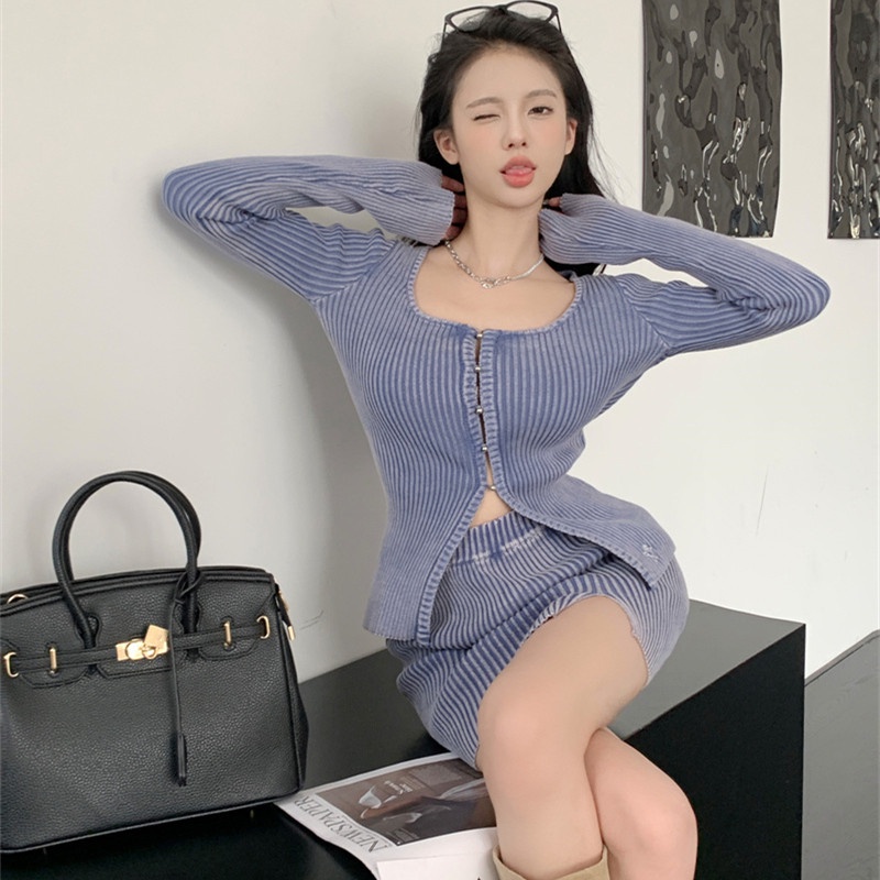 Bộ Áo Cardigan Dệt Kim Dài Tay Phối Chân Váy Ngắn Thời Trang Mùa Thu Thanh Lịch