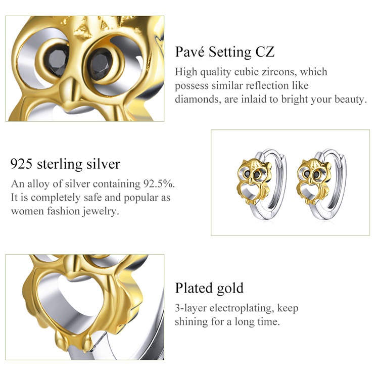 Đôi bông tai BAMOER BSE505 mặt màu vàng hình chim cú mắt đen thời trang cổ điển dành cho nữ