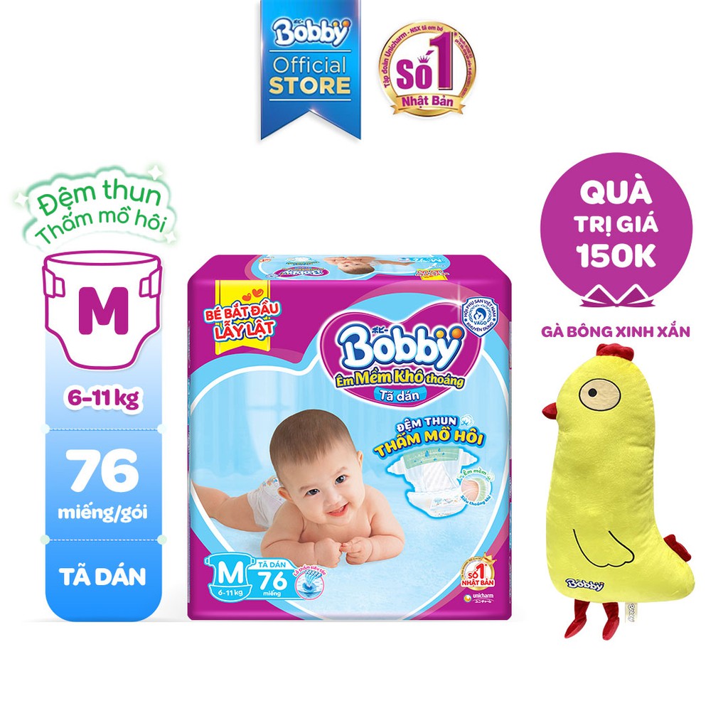 Tã Dán Bobby Êm Mềm Khô Thoáng M76/L68/XL62/XXL56