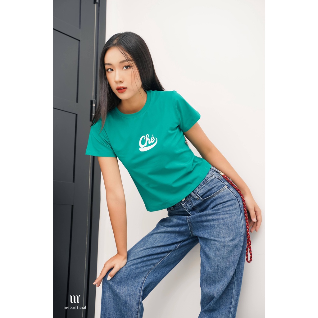 Áo thun tay lỡ Méo shop cổ tròn cotton in chữ Chê dáng croptop