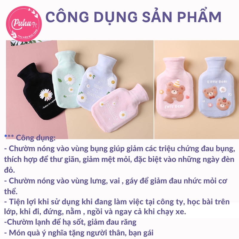 Túi chườm nước nóng PUHA 350ml, chườm ấm nóng đau bụng kinh, túi sưởi ấm giữ nhiệt đa năng