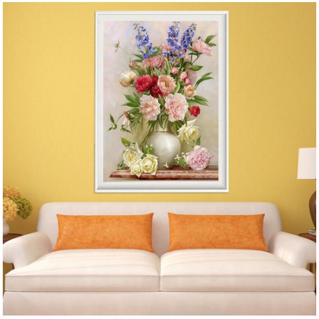 Tranh Thêu Chữ Thập BÌNH HOA KHOE SẮC. Kích Thước: 60cm x 50cm