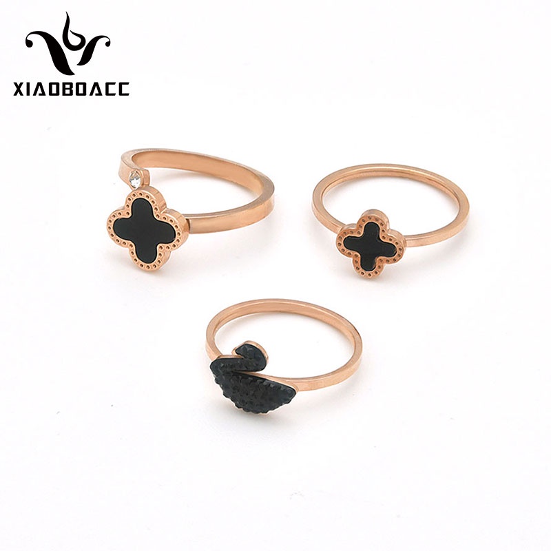 XiaoboACC Nhẫn Thép Titan Mạ Vàng 18k Khảm Kim Cương Hình Cỏ Bốn Lá/thiên Nga Màu Vàng Hồng Thời Trang Hàn Quốc 18mm