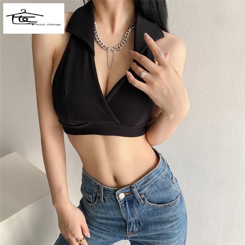 Áo Hai Dây Cổ Chữ v Siêu Ngắn Màu Trơn Phong Cách Retro Quyến Rũ Dành Cho Nữ