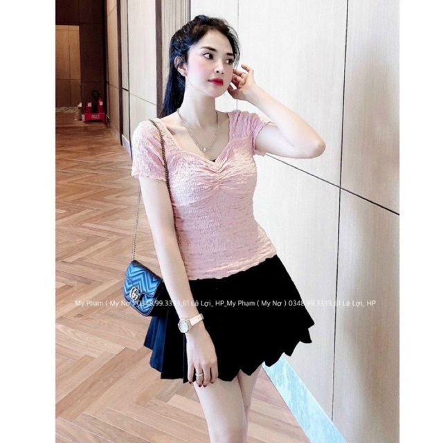 [Mã SKAMFSW175 giảm 10K đơn 50K] Áo kiểu xốp nhăn cổ vuông rúm ngực, Áo phông ngắn tay dáng ôm CS503 - NhiNhi Shop