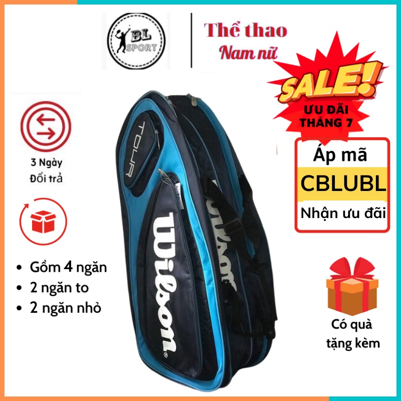 Túi Tennis Đựng Vợt Thể Thao Wilson loại 4 ngăn, chống thấm nước, có khoá kéo chắc chắn, Ảnh thật (CÓ QUÀ TẶNG KÈM)