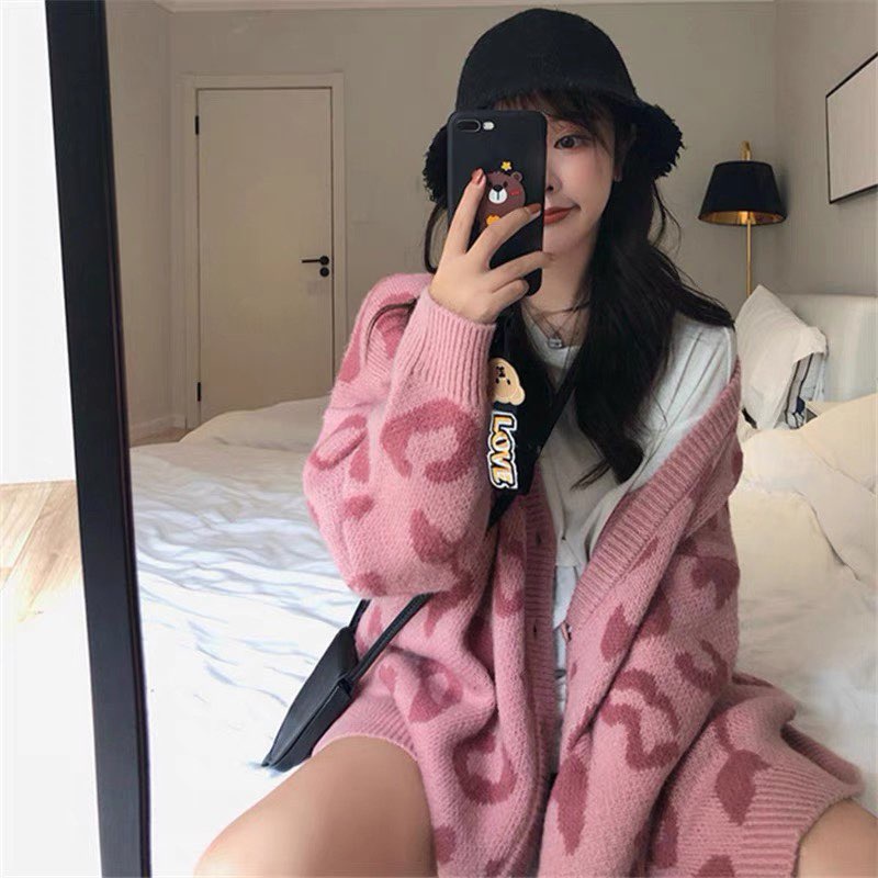 Áo Cardigan Họa Tiết Báo Hồng Len Dày Form Rộng Xinh Xắn, Labibi