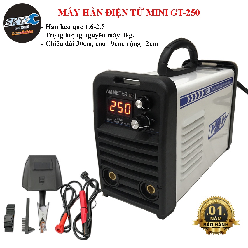 Máy hàn mini, máy hàn điện tử  công nghệ inverter GT-250 hàn kéo que 3,2, bảo hành 1 năm