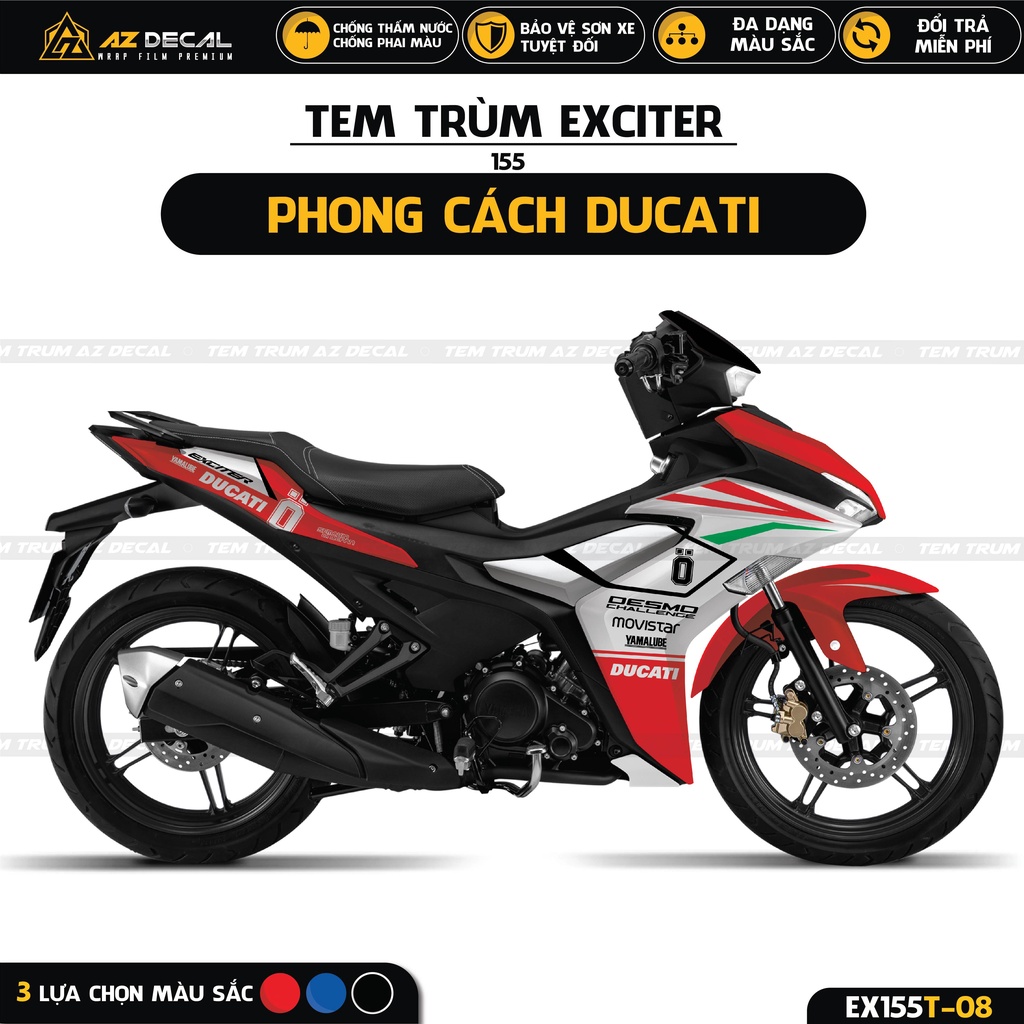 Tem Trùm Xe Exciter 155 Phong Cách Ducati Cực Chất | EX155T-08 | Decal Dán Ex 155 Cam Đen, Đỏ Trắng, Xanh Trắng