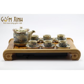 Ấm chén Bát Tràng_Bộ bình trà men rạn giả cổ bọc đồng dáng Vại