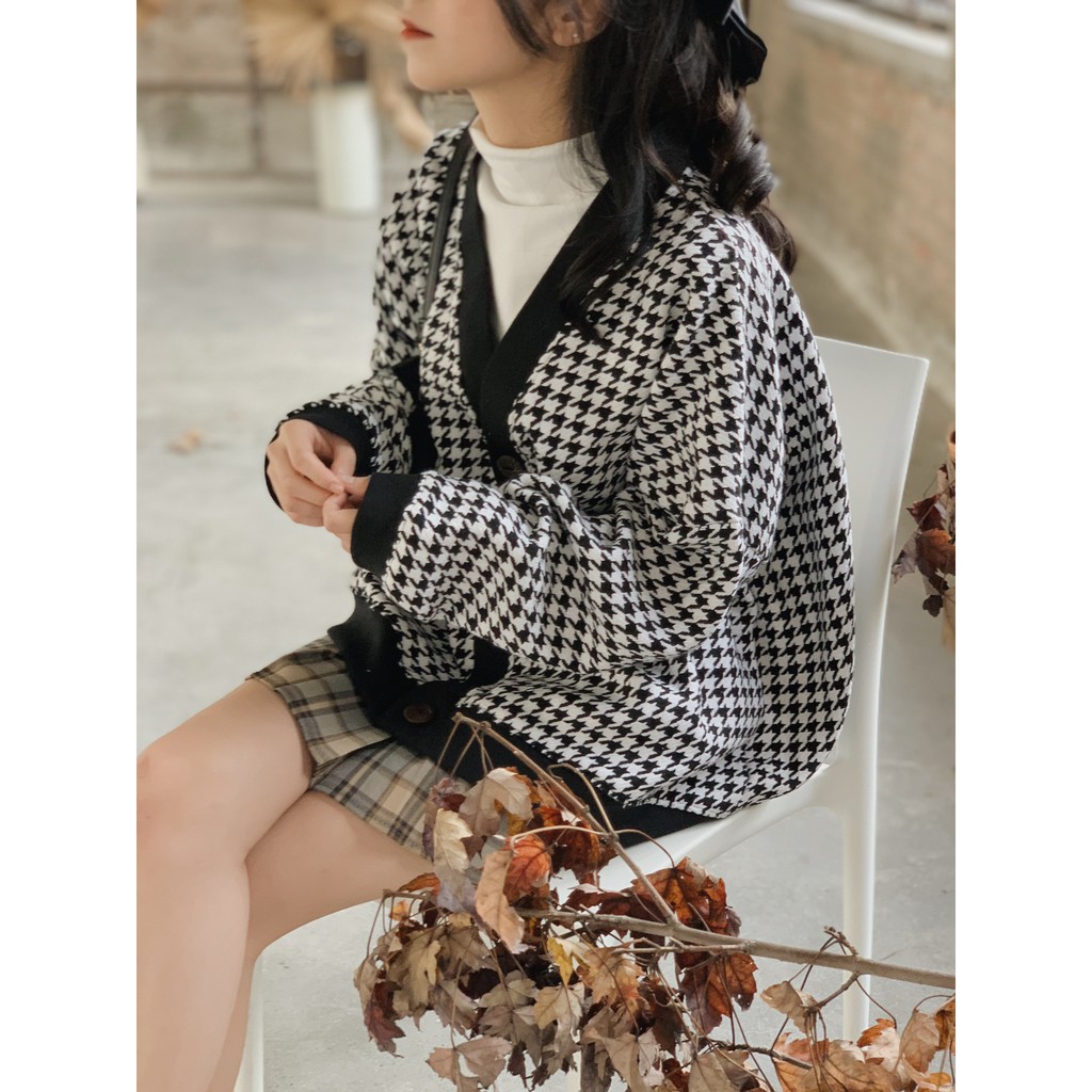 Áo cardigan nỉ dạ LOLLIE STUDIO TKJ11 họa tiết mắt cáo