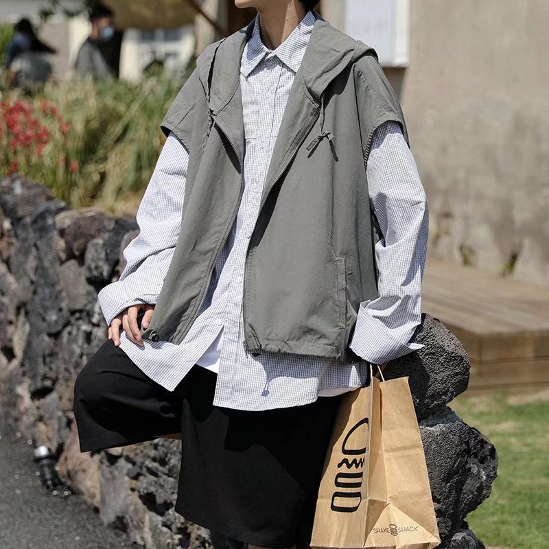 Áo Khoác Tay Ngắn Có Nón Và Dây Rút Màu Trơn Phong Cách Hàn Quốc Dễ Phối Đồ Thời Trang Mùa Hè Cho Nam | BigBuy360 - bigbuy360.vn