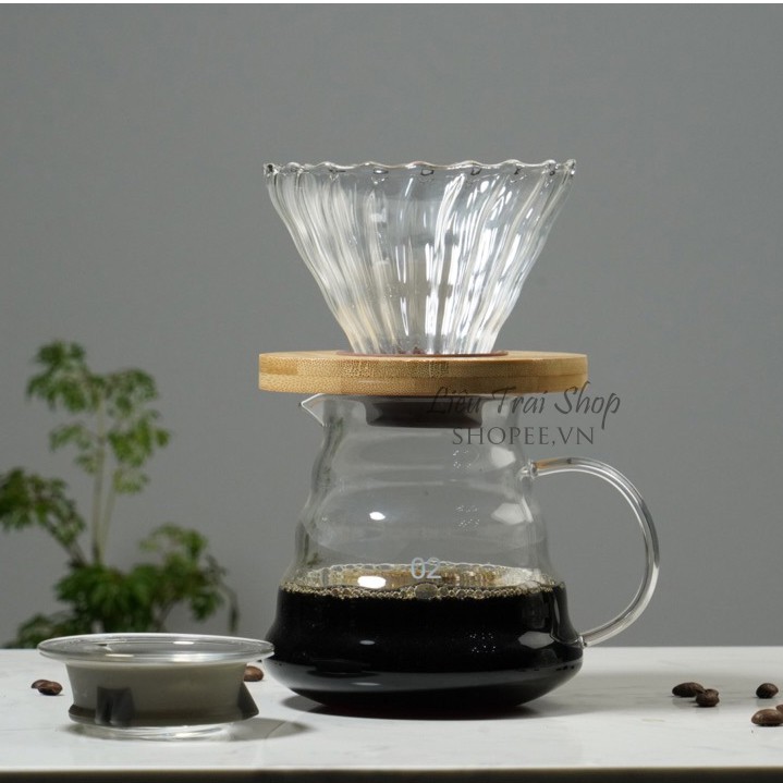 Phễu pha cà phê cafe giấy lọc V60  thuỷ tinh Pour over drip chemex giá gỗ kèm gioăng silicone