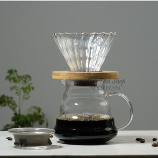 Bộ bình và phễu v60 pha cà phê giấy lọc Pour over thuỷ tinh drip brew giá gỗ có gioăng silicone