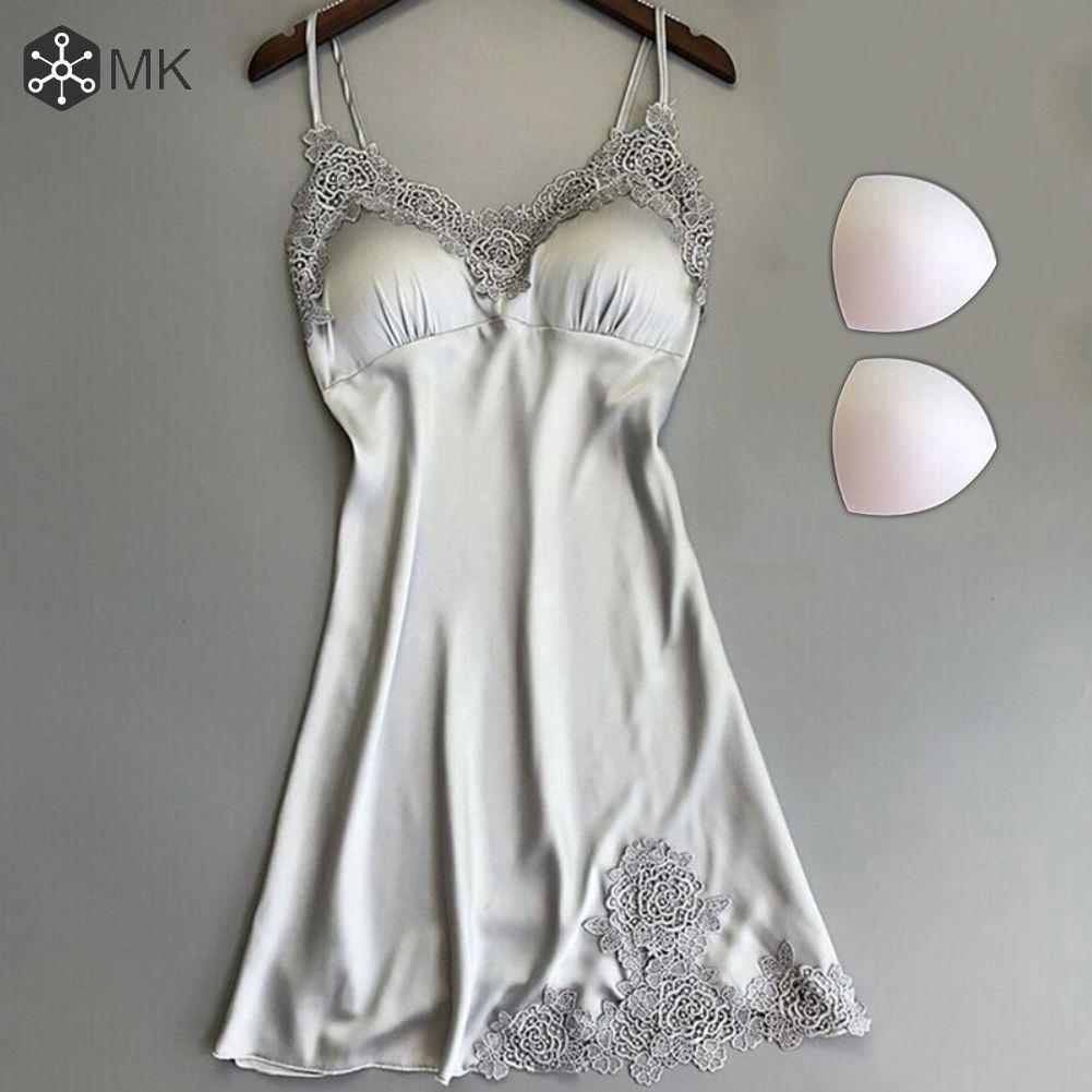 Đầm ngủ Satin cổ chữ V phối ren gợi cảm