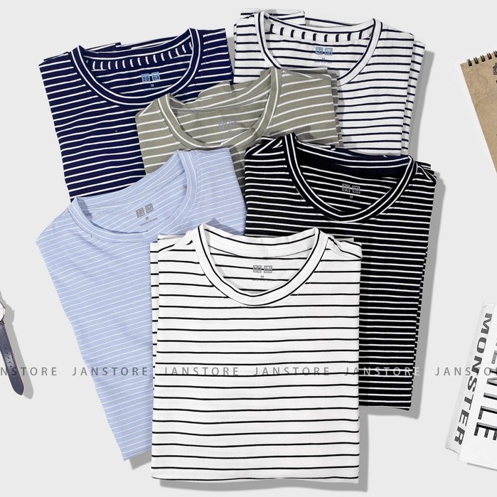 Áo phông kẻ Unisex ngắn tay cổ tròn , áo thun kẻ 100% cotton cho nam nữ VNXK Jan Store