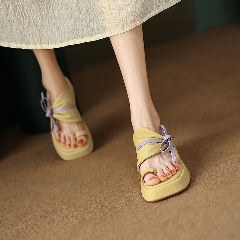 Dép Sandal Đế Dày Đính Nơ Phong Cách Retro Thời Trang
