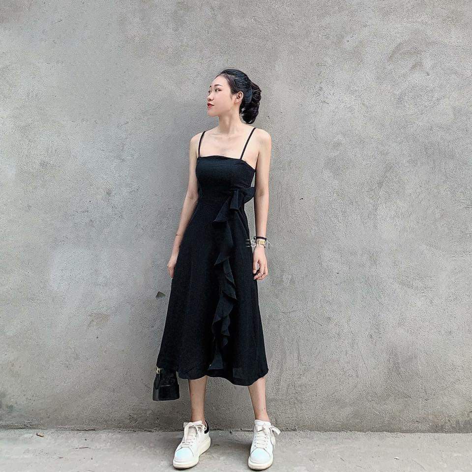 Đầm 2 dây nữ nhún bèo kết hợp kèm áo thun đi chơi, du lịch cực đẹp | BigBuy360 - bigbuy360.vn