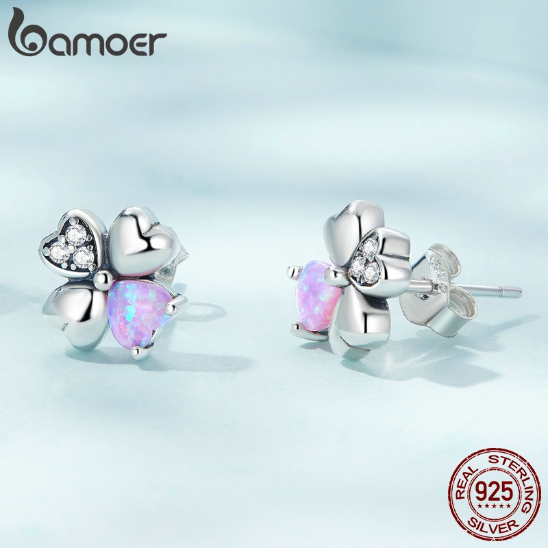 Bông tai Bamoer xi bạc 925 mặt hình cỏ bốn lá nhiều màu sắc