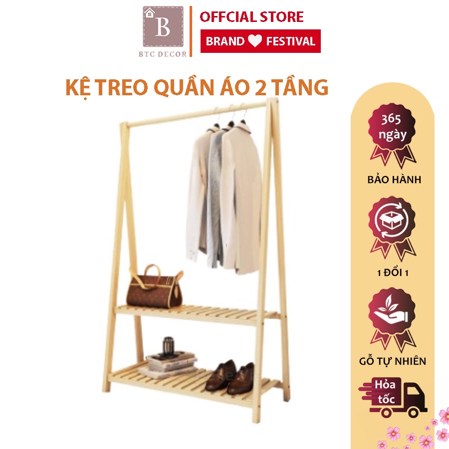 Kệ Treo Quần Áo Chữ A 2 Tầng Gỗ Thông Cao Cấp - Giá Gỗ Thông Treo Đồ - Kích Thước 150*85*34cm - Bảo Hành 1 Năm