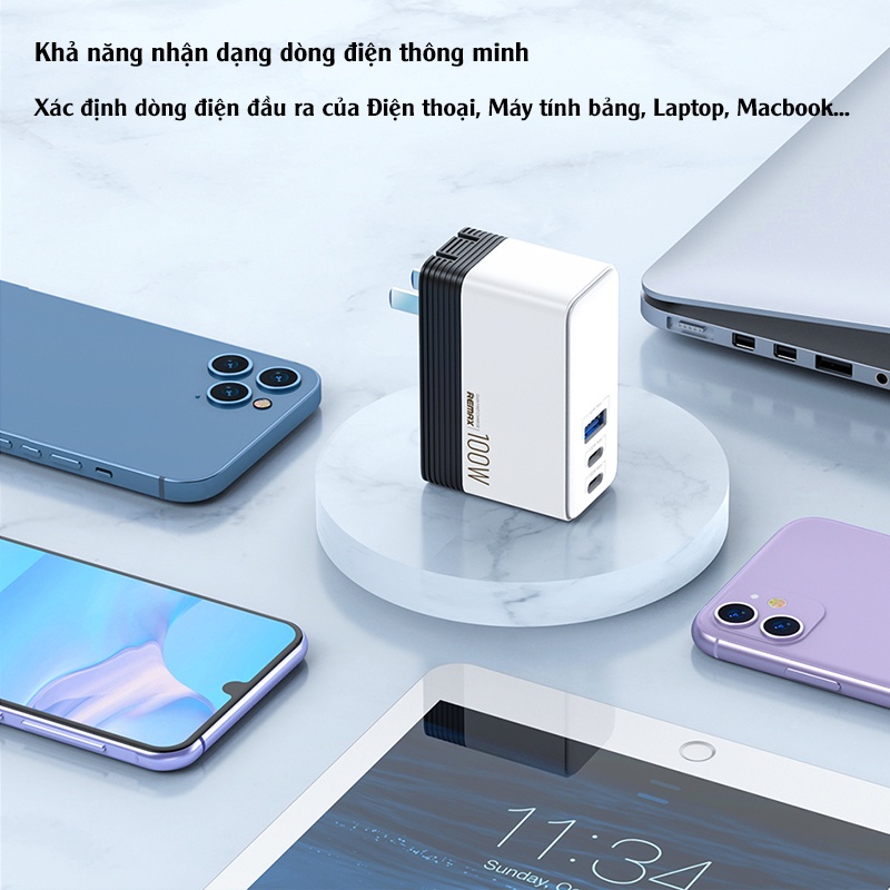 Củ sạc 100w – Củ sạc nhanh 100W 3 cổng Remax RP-U99 dành cho Macbook, Smartphone, Tablet, Laptop(Remax RP U99)