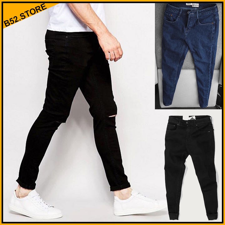 Quần Jeans Nam Màu Đen Trơn, Rách Gối, Xanh Than, Vải Jean Co Dãn Nhẹ, Cực Thoải Mái Khi Mặc