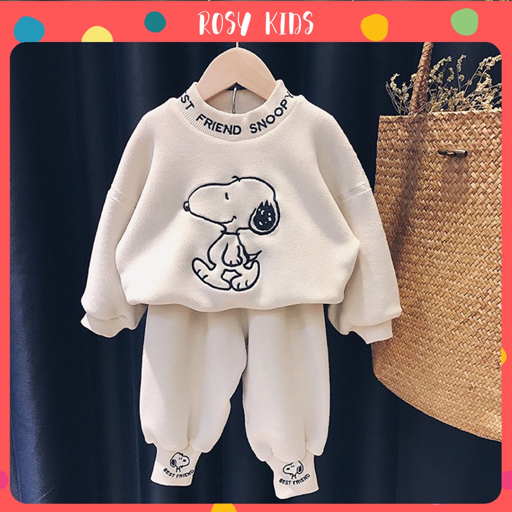 Bộ Nỉ Bông Cho Bé Trai Bé Gái, Bộ Nỉ Bông Thêu Hình Chú Chó Đáng Yêu Cho Bé Từ 7 - 27kg - ROSY KIDS