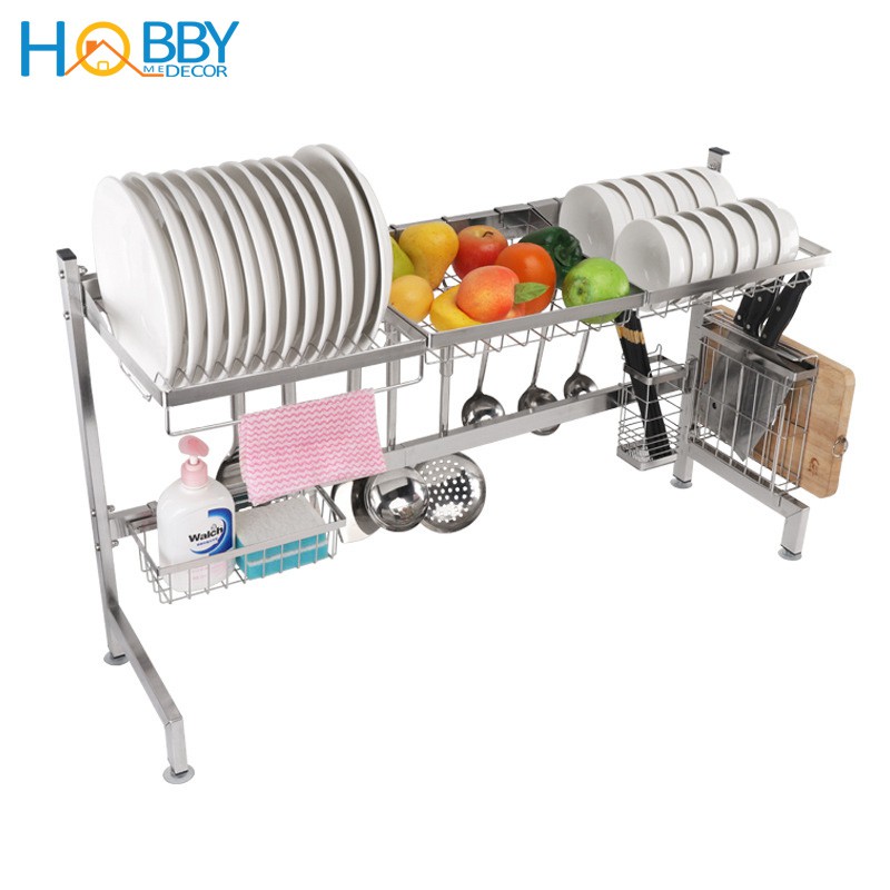 Kệ úp chén bát Inox đa năng - 5 ngăn - loại lớn cao cấp - bề ngang 92cm - có 2 màu sắc HOBBY KSCD