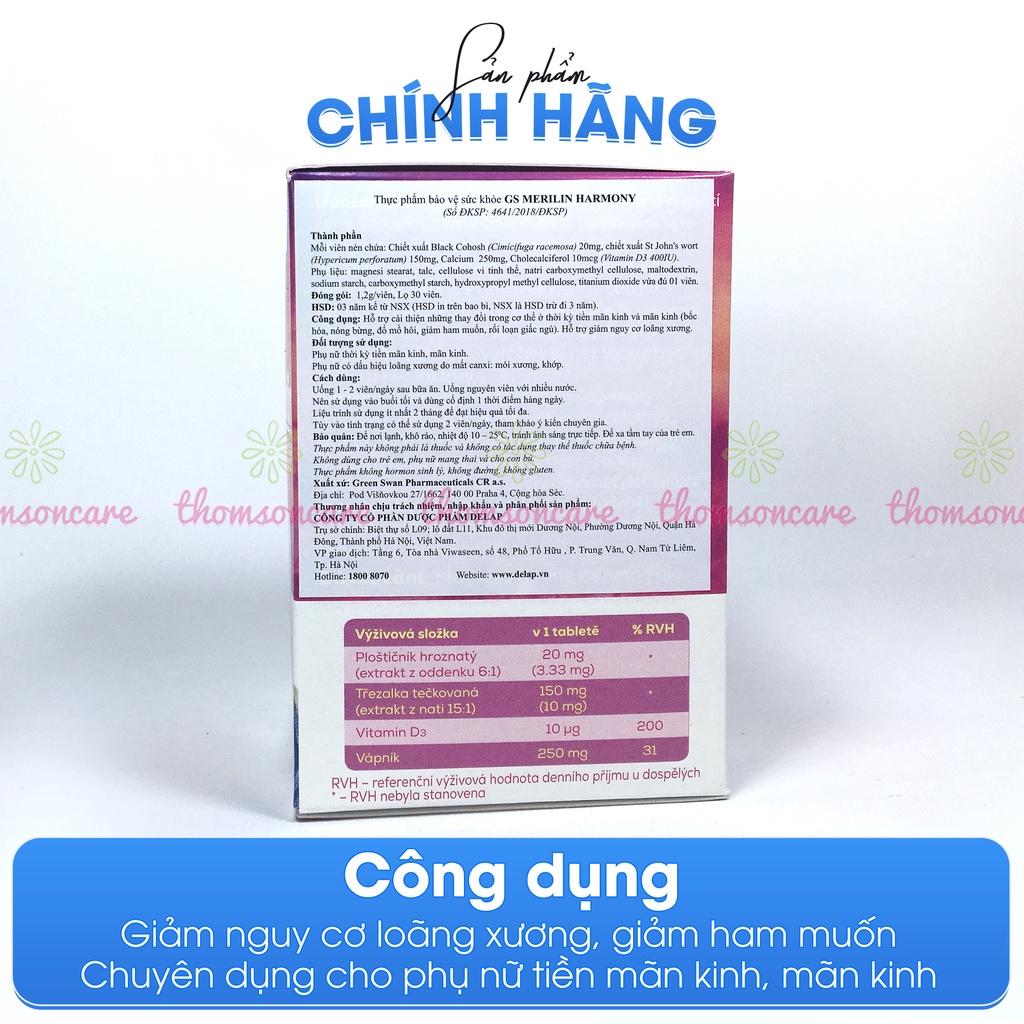 GS Merilin bổ sung nội tiết tố cho phụ nữ thời tiền mãn kinh, phòng loãng xương Hộp 30 viên nhập khẩu Châu Âu GSmerilin
