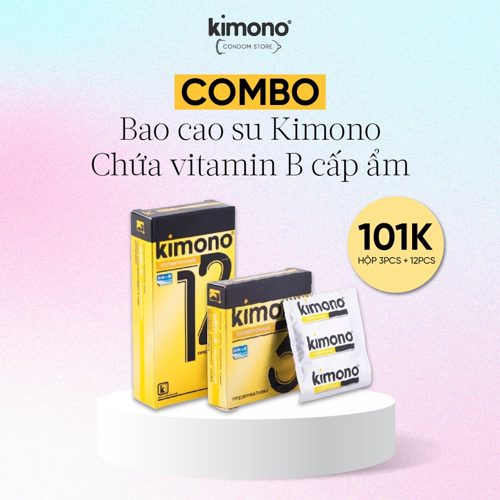 Combo bao cao su Kimono chứa vitamin B cấp ẩm ( hộp 3pcs + 12pcs)
