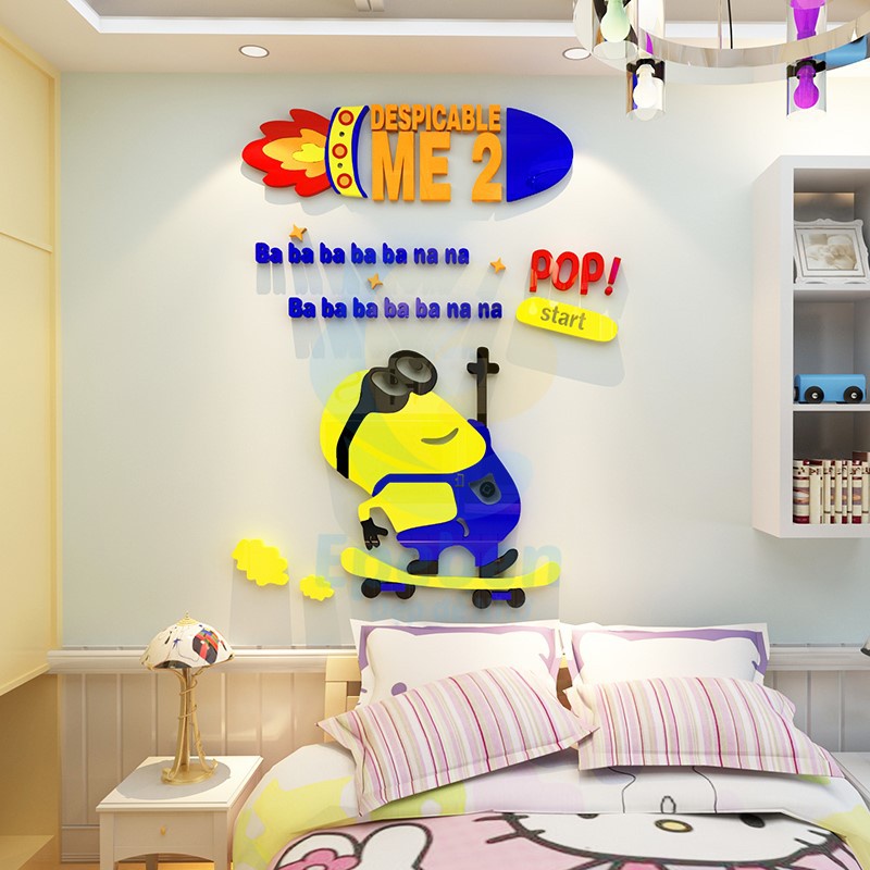 Tranh dán tường mica 3d decor khổ lớn kẻ cắp mặt trăng minions trang trí mầm non, phòng cho bé Nhiều Size - EPeBen