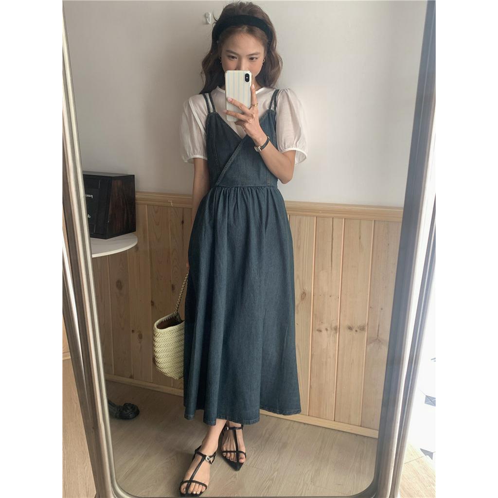Váy Yếm Denim Cổ Tròn Thời Trang Hàn Quốc Đơn Giản 63851