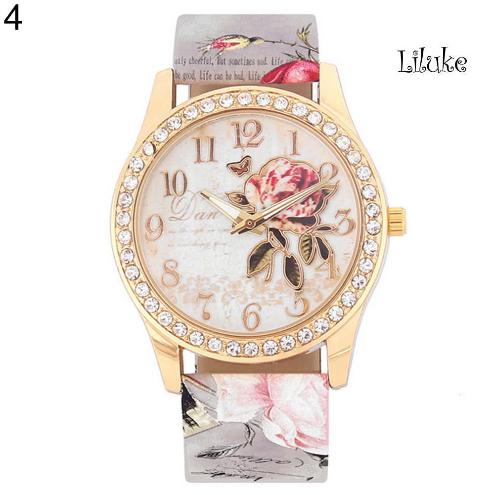 Đồng Hồ Đeo Tay Họa Tiết Hoa Hồng Đính Đá Thời Trang Xinh Xắn Cho Nữ