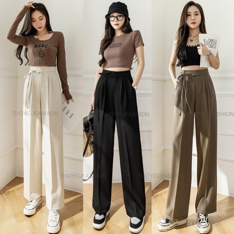 Quần Ống Rộng Buộc dây Eo, Quần Vải Lưng Cao Ống Suông dài