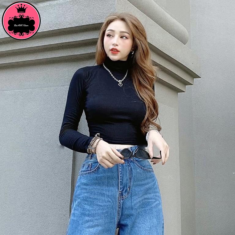 Áo Cổ Lọ Croptop Tay Dài Màu Trắng 40-70Kg Đen Freesize "CROPTOP CỔ LỌ" | BigBuy360 - bigbuy360.vn