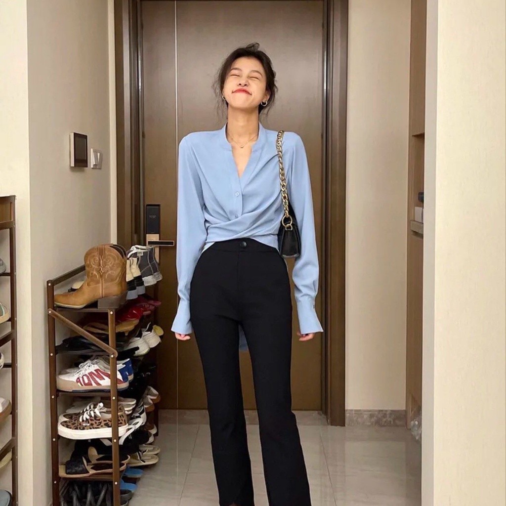 Áo Sơ Mi Nữ Tay Dài Cổ Chữ V Phối Ren Size S-2XL