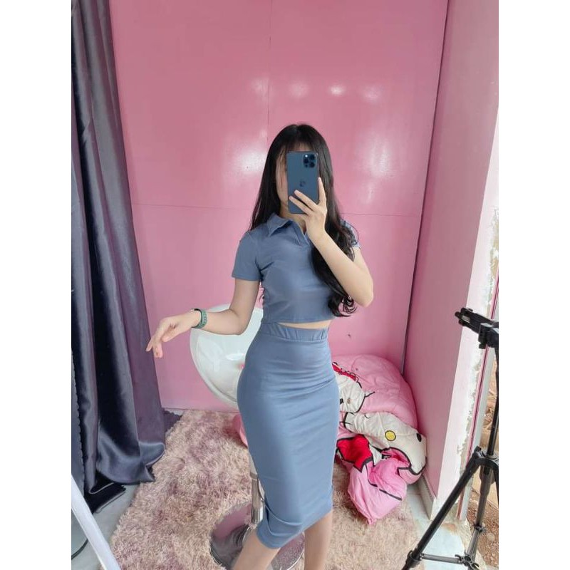 SET ĐẦM POLO ÁO CROPTOP THUN CHÂN VÁY BÚT CHÌ_Mã  117