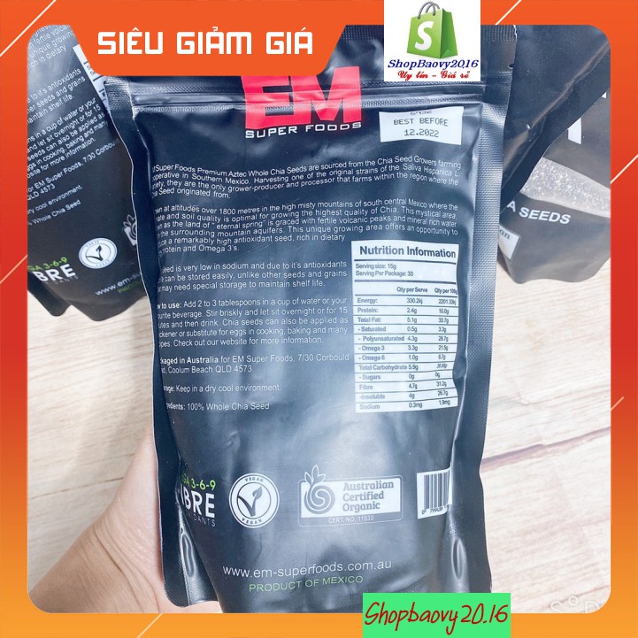 [SIÊU RẺ] 500Gram Hạt Chia Úc Organic Chia Seeds Túi Đen hàng chuẩn date mới