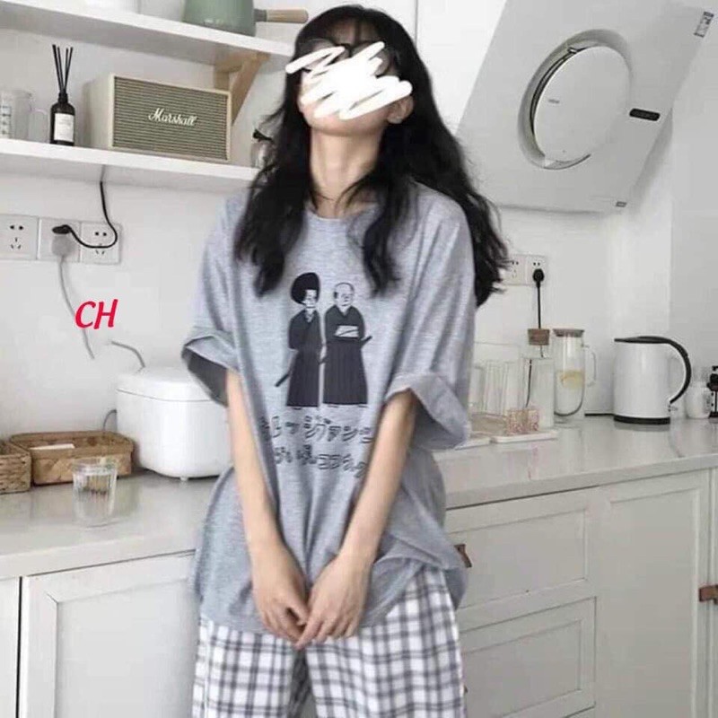 Sét áo xám xamurai + quần kẻ trắng COM955