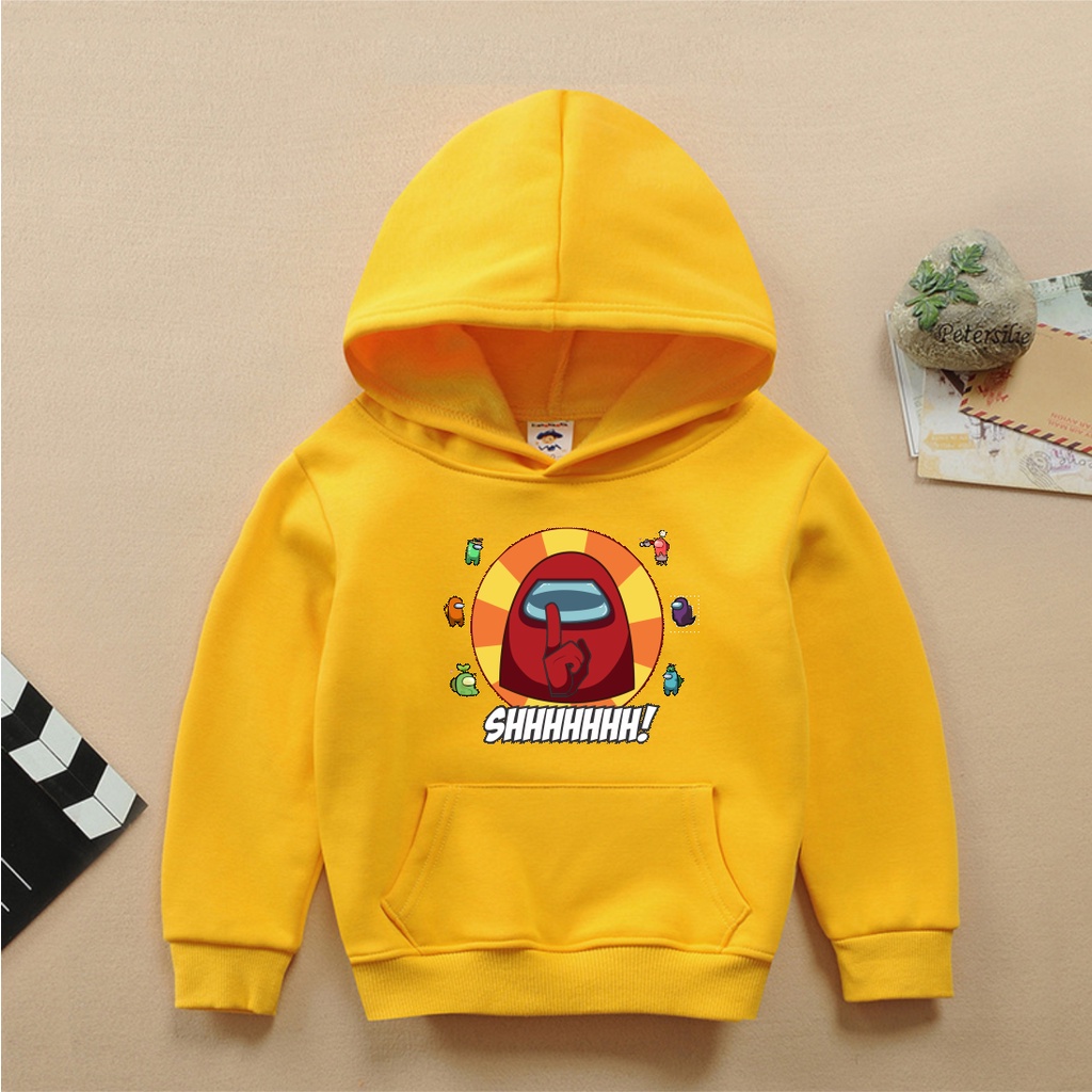 Áo hoodie among us có mũ màu vàng cho bé trai bé gái