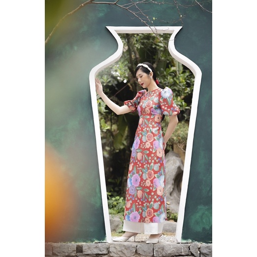 Set Áo Dài Gấm Hoa Thiết Kế Tay Bồng Xinh Xắn