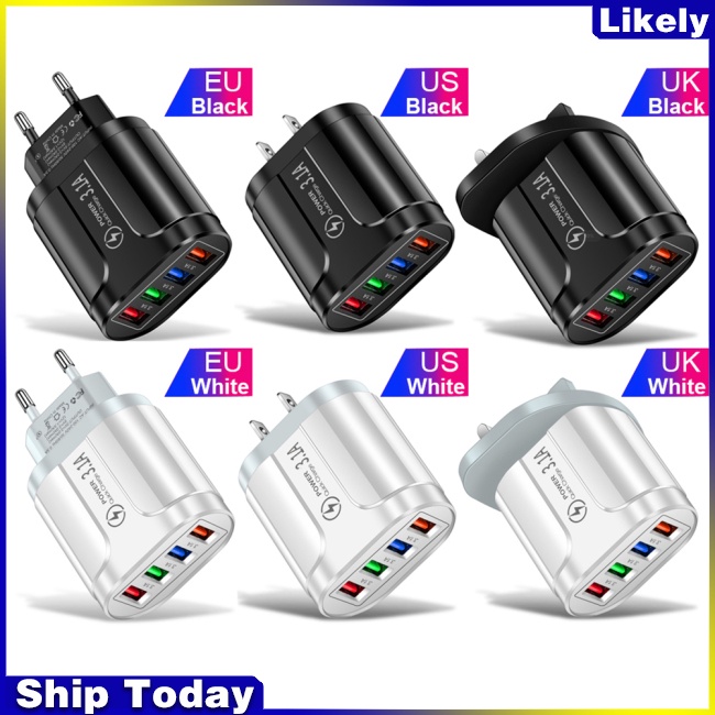 Củ Sạc Nhanh 3.1a 4U Usb Có Đèn Led Phích Cắm EU / US / UK Cho Điện Thoại