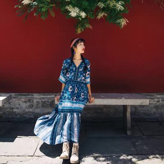 Váy đầm maxi boho thổ cẩm vintage cổ v tay ngắn dáng dài hoạ tiết form suông rộng đi du lịch đi biển
