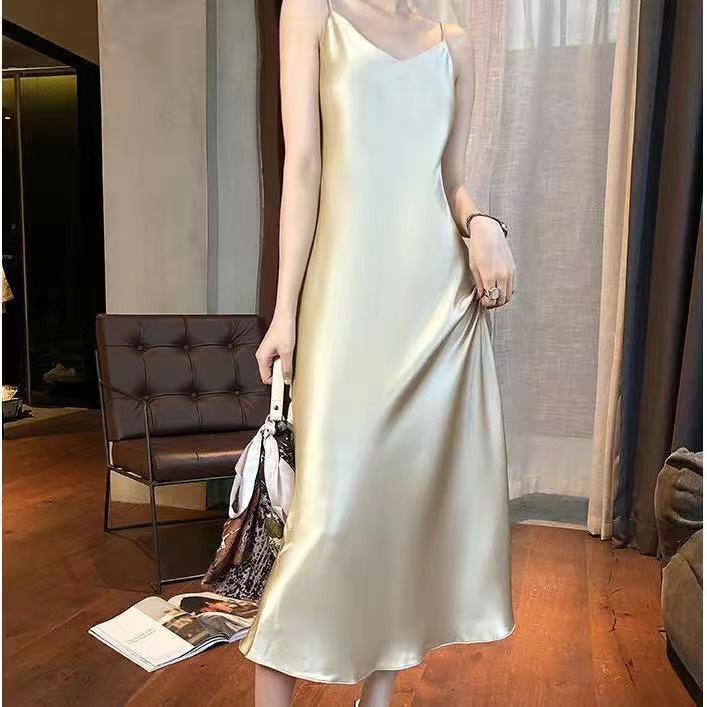 Đầm Dài Hai Dây Giả Lụa Satin Thời Trang Mùa Hè Dành Cho Nữ