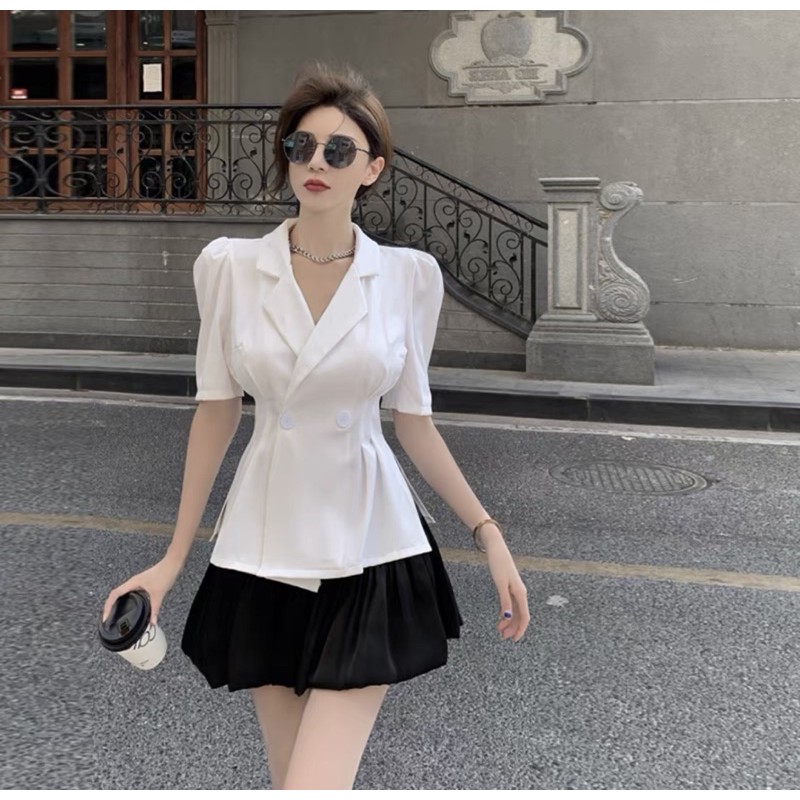 🤍Set Áo Vest Cổ V Nút Eo Mix Chân Váy Xếp Li🖤HÀNG CHUẨN QUẢNG CHÂU LOẠI 1⚡️Không Đẹp Trả Shop Nhé