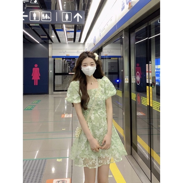 Đầm váy hoa voan tay phồng cao cấp hàng Quảng Châu