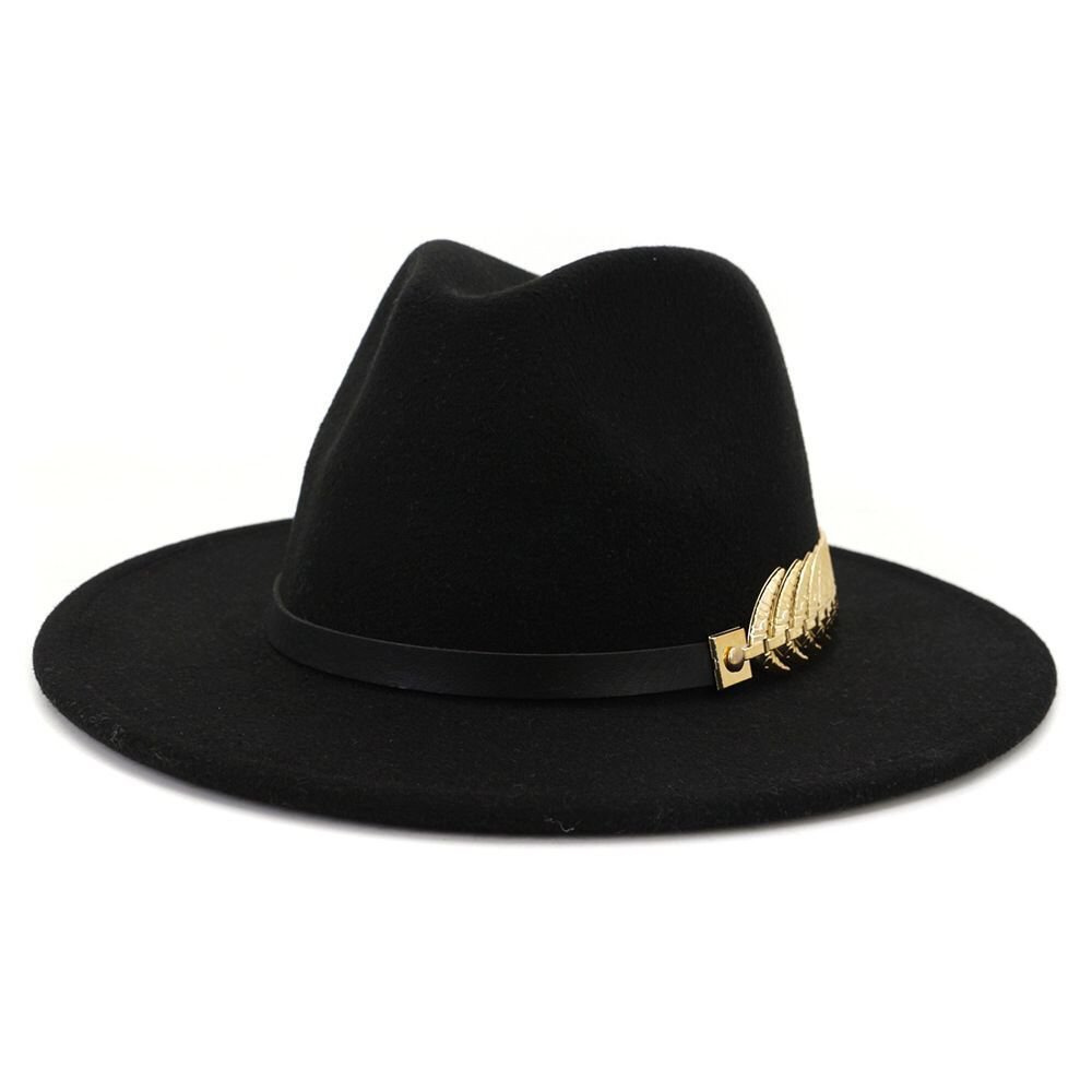 Korean Style Trendy New Golden Leaf Leather Ring Woolen Hat Korean Woolen Hat European and American British Hat Retro Felt Hat