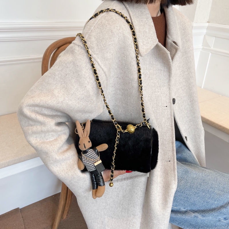 Túi đeo vai cỡ nhỏ IELGY vải lông phối dây xích thời trang cho nữ