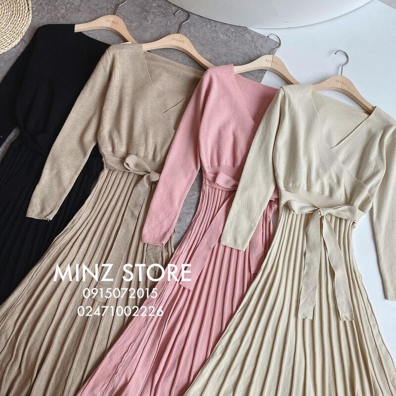 Váy len cổ tim chân dập ly buộc nơ #038 (4 màu)