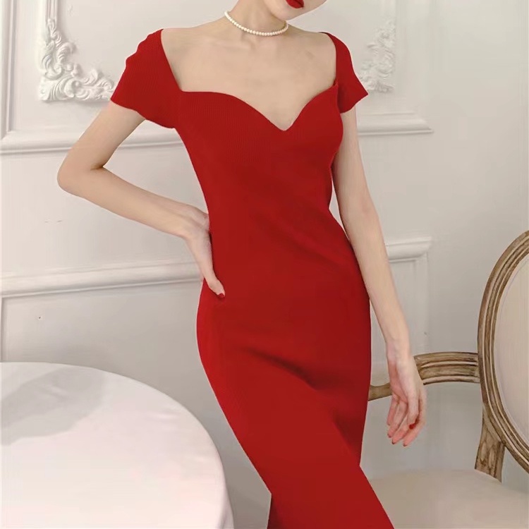 Đầm SUXI dệt kim tay ngắn màu trơn thời trang xuân hè dành cho nữ